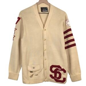 VTG WHITING Letterman Cardigan Sz 42 Cream Burgundy SC Patch Football Baseball